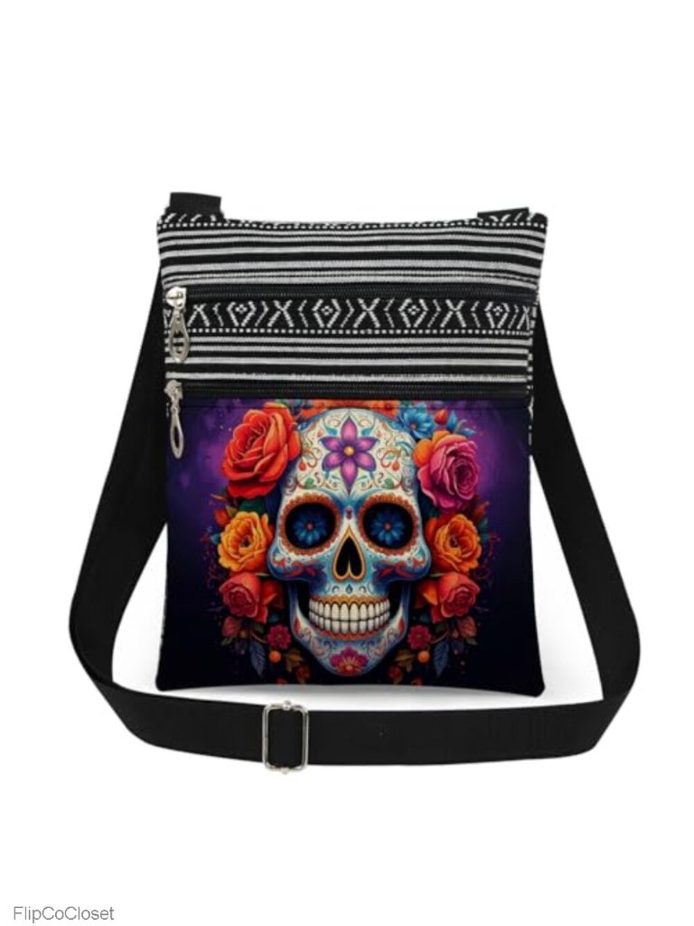 Sugar Skull Crossbody Bag Polyester Adjustable Strap Day of the Dead